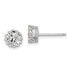 Sterling Silver RH-plated Polished & Textured 6mm Round CZ Stud Earrings