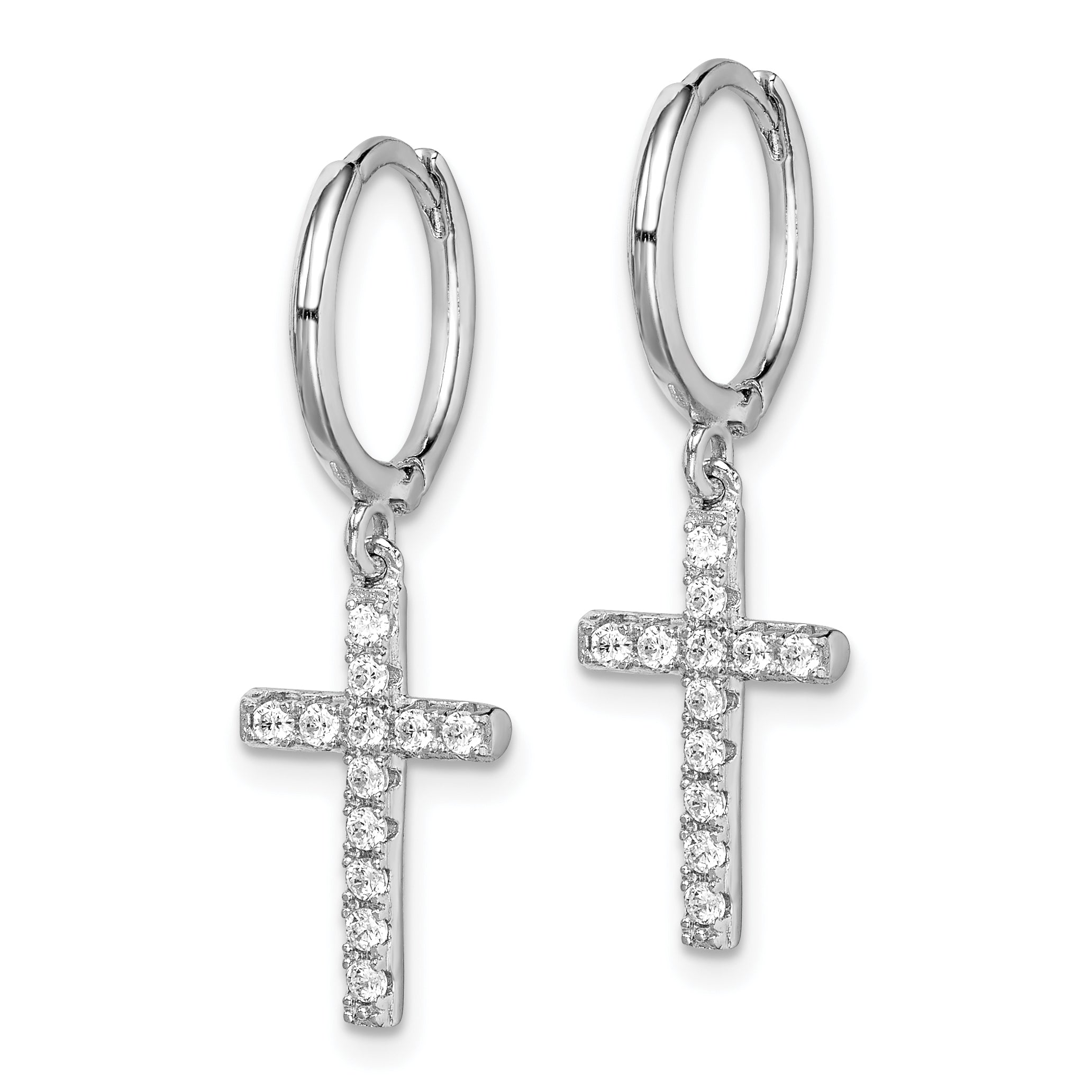 Sterling Silver Rhodium-plated CZ Cross Dangle Round Hoop Earrings