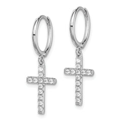 Sterling Silver Rhodium-plated CZ Cross Dangle Round Hoop Earrings