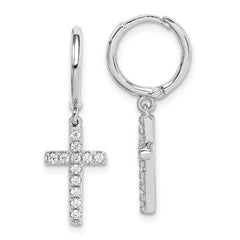 Sterling Silver Rhodium-plated CZ Cross Dangle Round Hoop Earrings