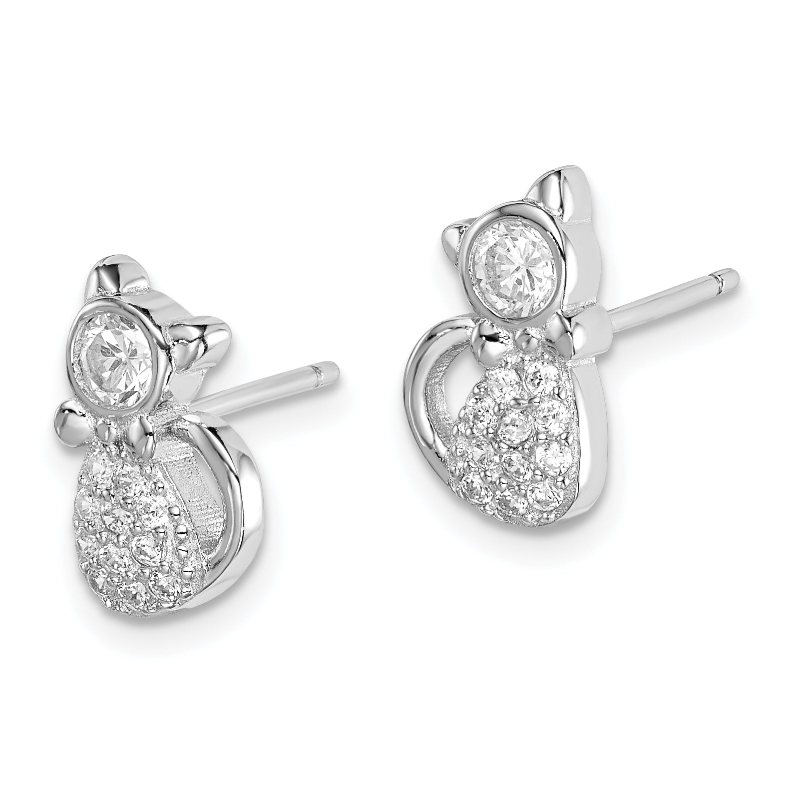 Sterling Silver Rhodium-plated Polished CZ Cat Post Earrings