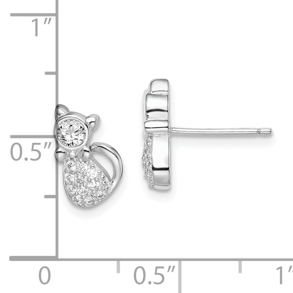 Sterling Silver Rhodium-plated Polished CZ Cat Post Earrings