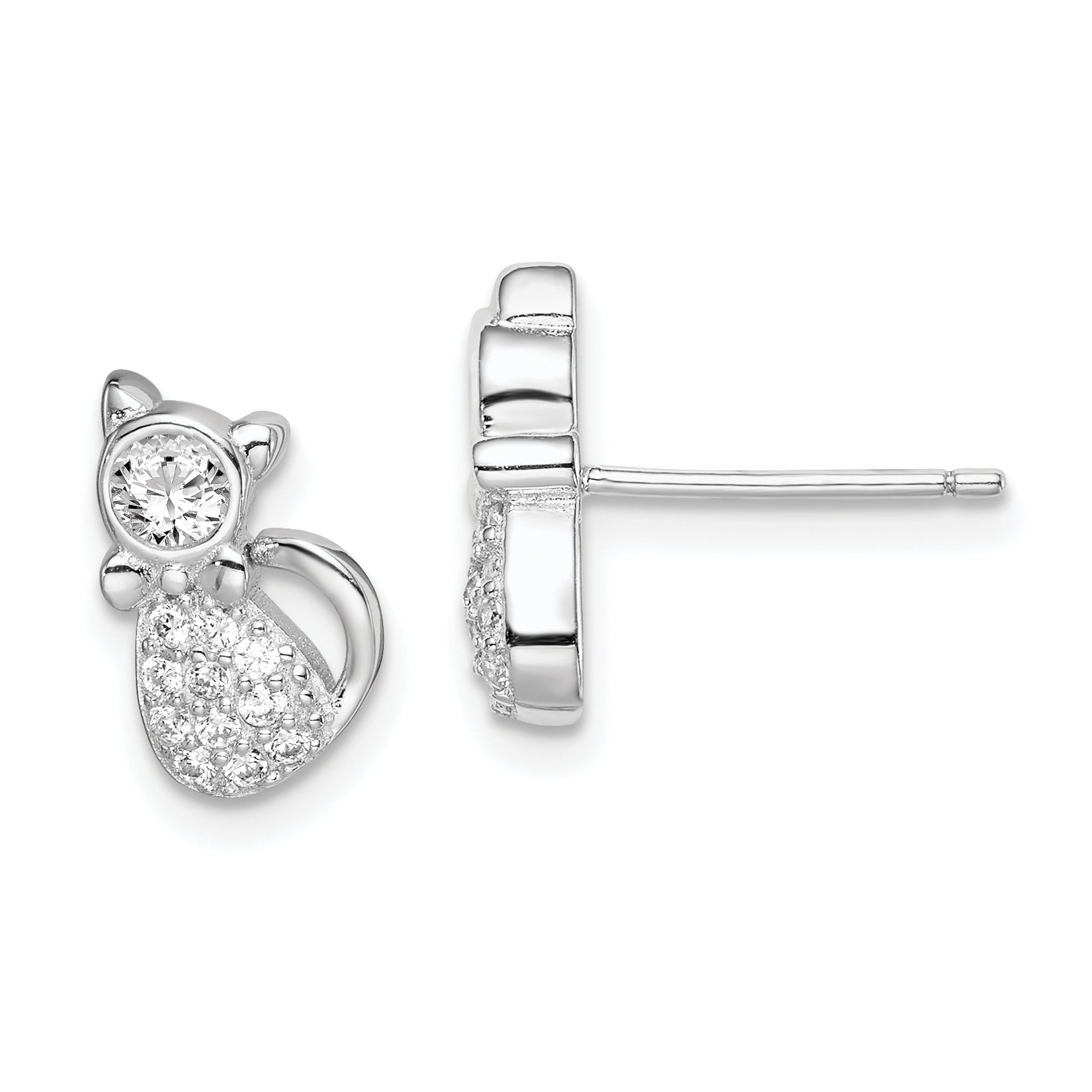 Sterling Silver Rhodium-plated Polished CZ Cat Post Earrings