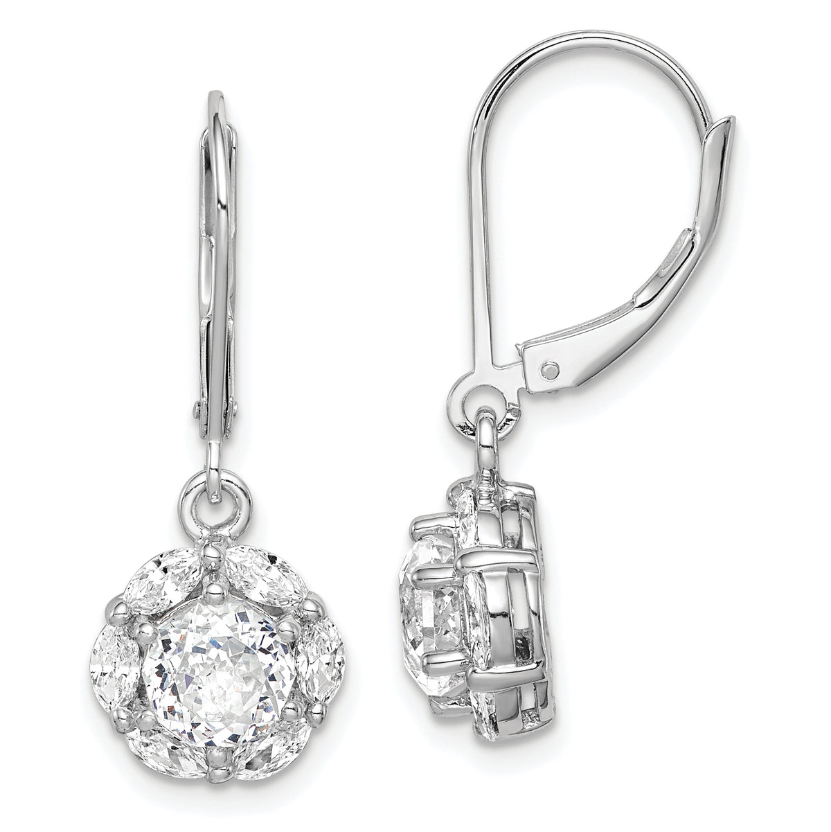 Sterling Silver Rhodium-plated Polished 6mm CZ Halo Leverback Earrings