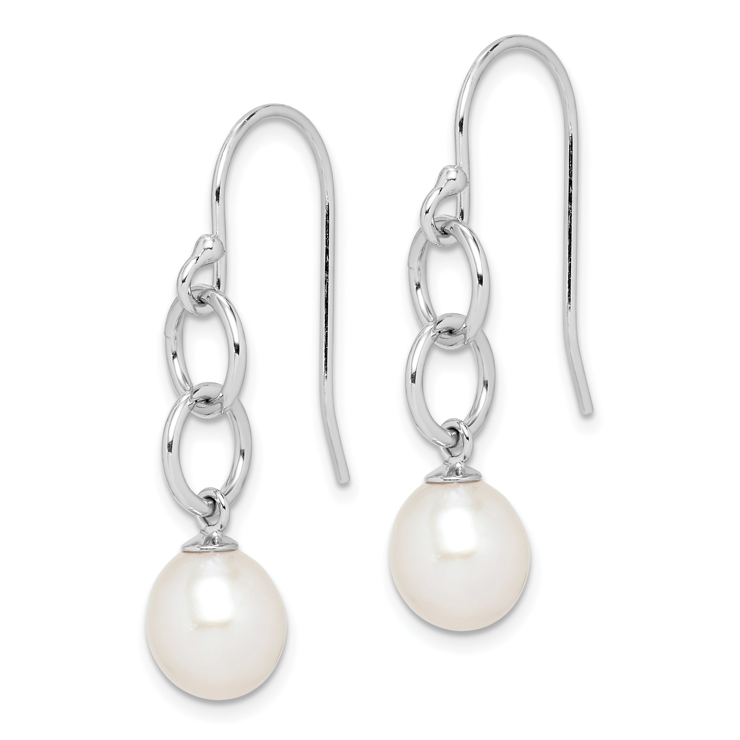 Sterling Silver Rhodium-plated Polished White 7-8mm Freshwater Cultured Pearl Circle Dangle Earrings