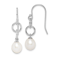 Sterling Silver Rhodium-plated Polished White 7-8mm Freshwater Cultured Pearl Circle Dangle Earrings