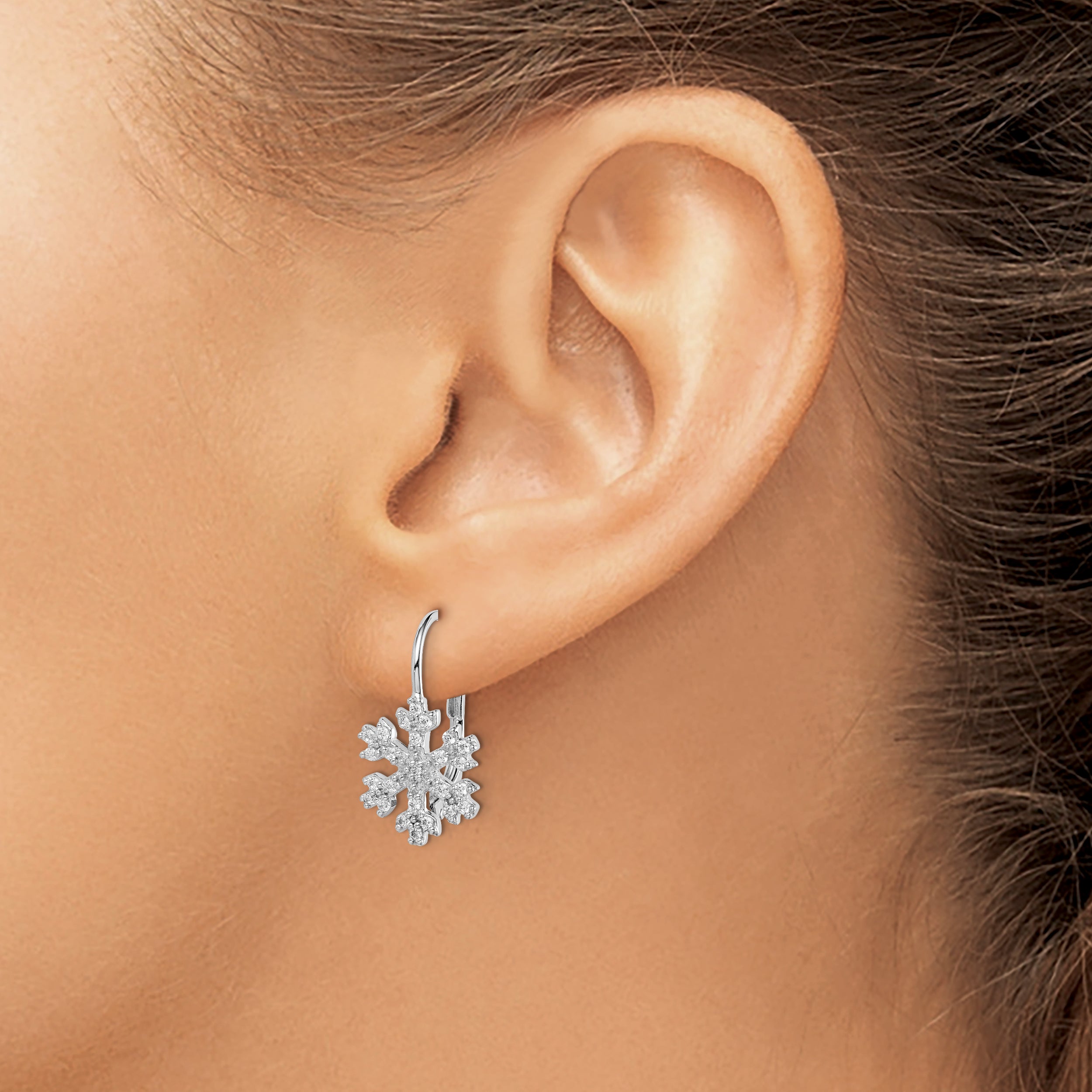 Sterling Silver Rhodium-plated CZ Snowflake Leverback Earrings