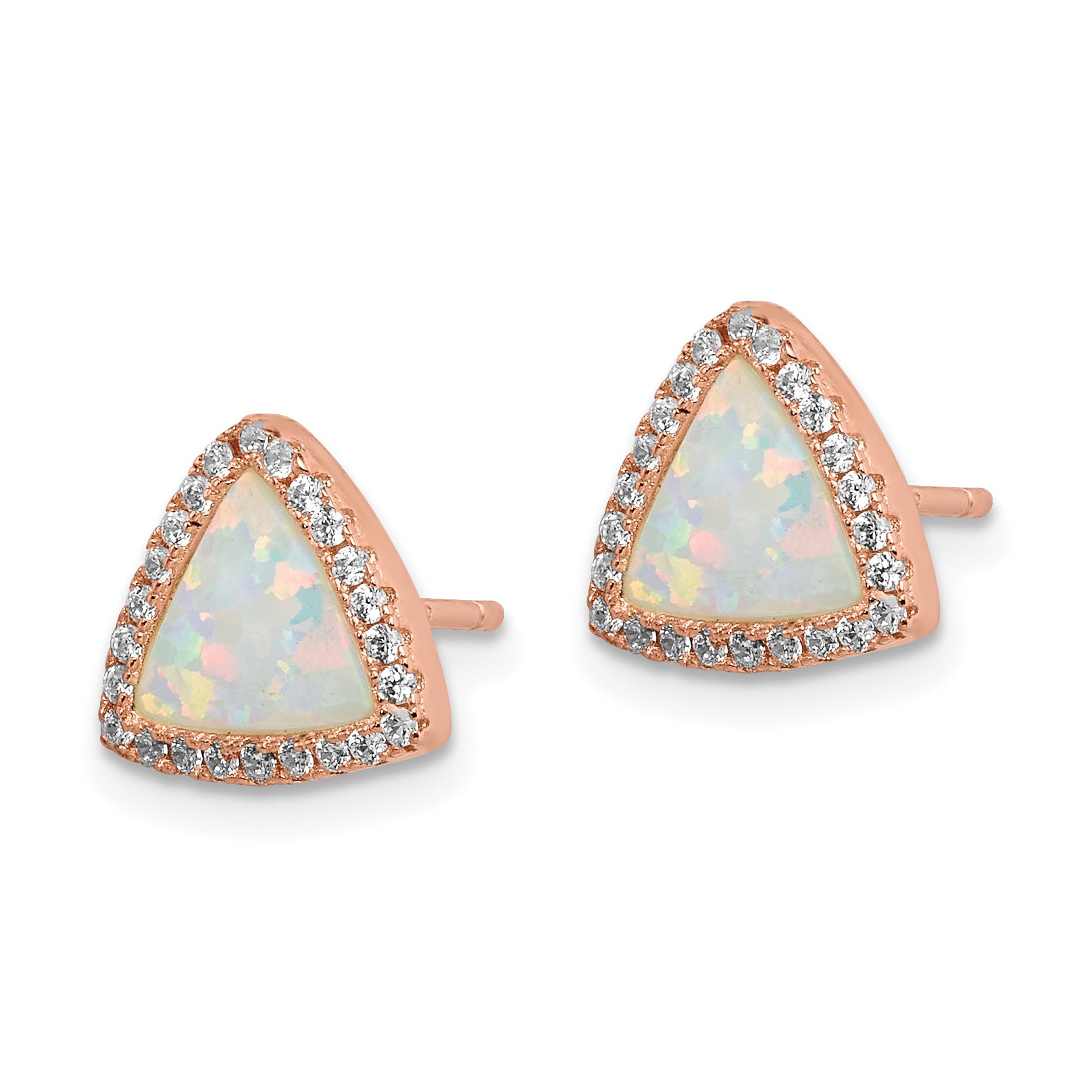 Sterling Silver Rose-tone Created Opal & CZ Halo Triangle Post Earrings