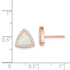 Sterling Silver Rose-tone Created Opal & CZ Halo Triangle Post Earrings