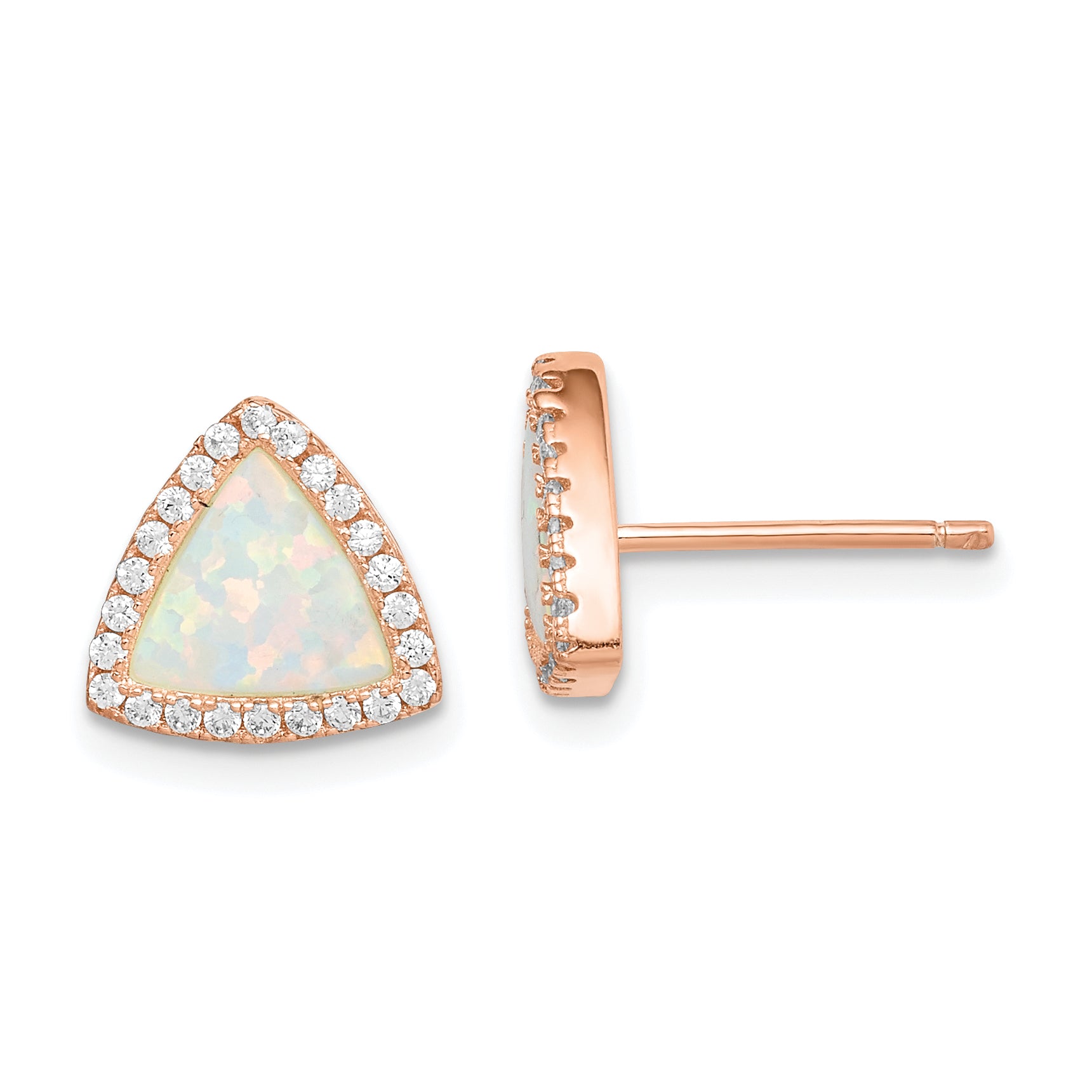 Sterling Silver Rose-tone Created Opal & CZ Halo Triangle Post Earrings