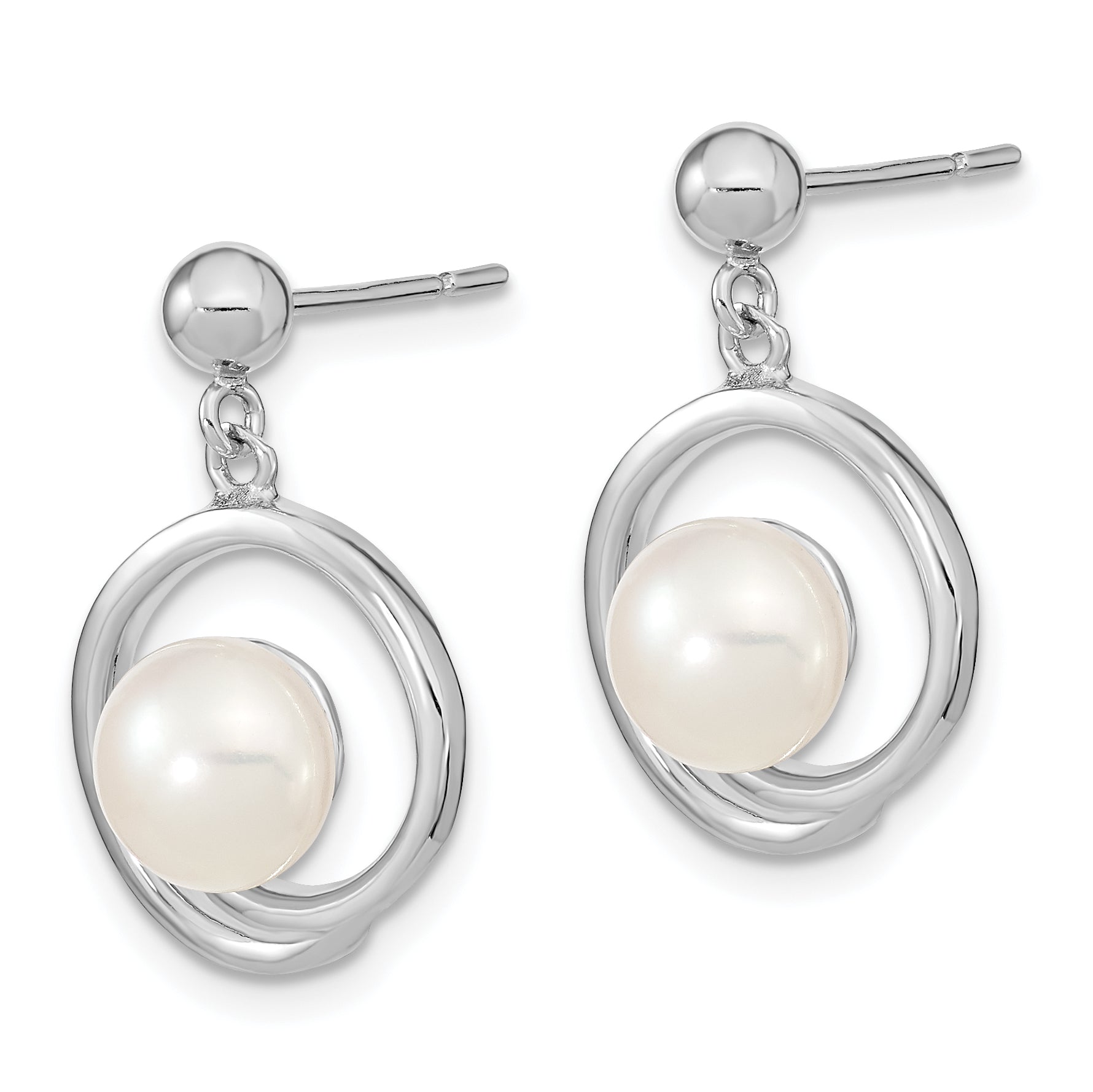 Sterling Silver Rhodium-plated 7-8mm White Button FWC Pearl Earrings