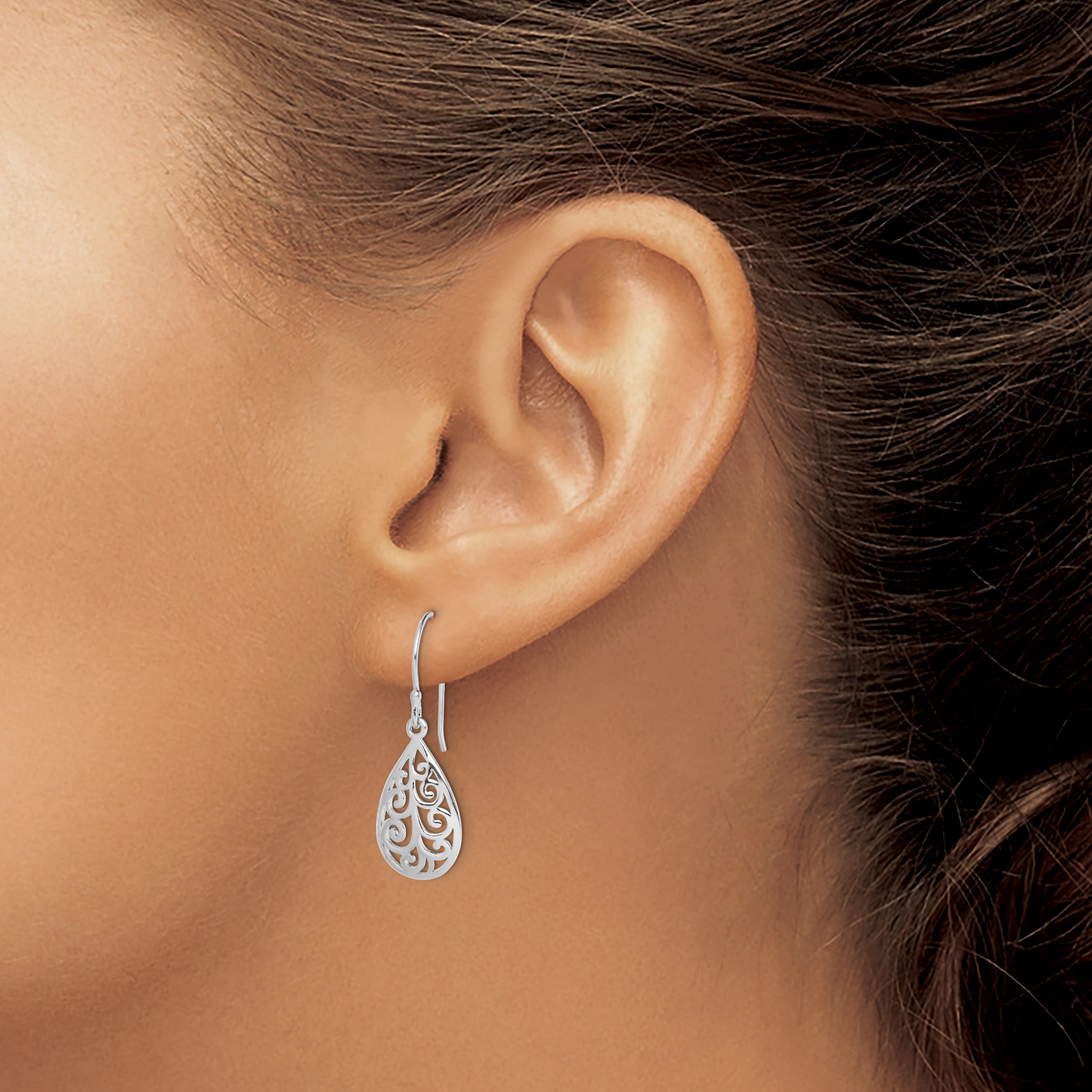 Sterling Silver Rhodium-plated  Polished Filigree Teardrop Dangle Earrings