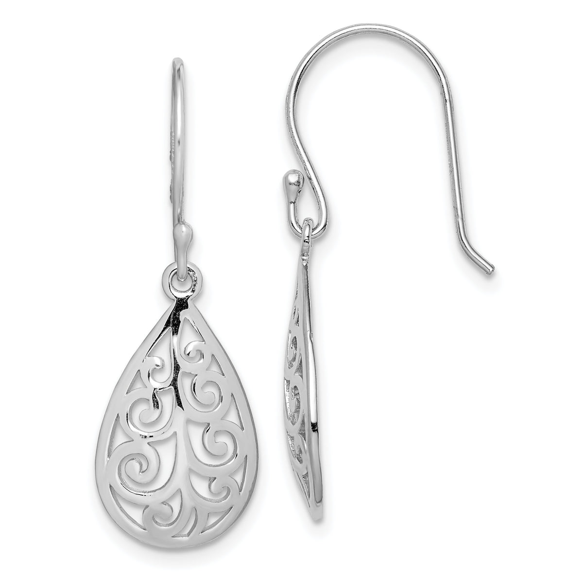 Sterling Silver Rhodium-plated  Polished Filigree Teardrop Dangle Earrings