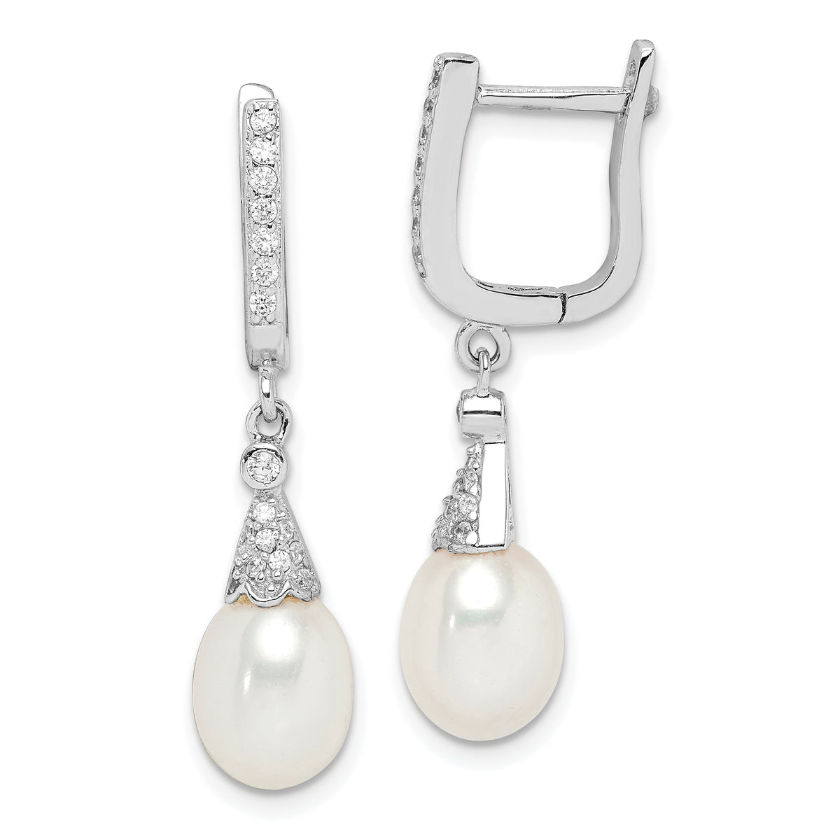 Sterling Silver Rhodium-plated 7-8mm White Rice FWC Pearl CZ Earrings