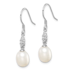 Sterling Silver Rhodium-plated Polished White 7-8mm Freshwater Cultured Pearl & CZ Dangle Earrings