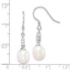 Sterling Silver Rhodium-plated Polished White 7-8mm Freshwater Cultured Pearl & CZ Dangle Earrings