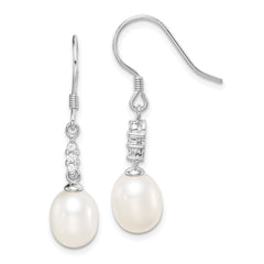 Sterling Silver Rhodium-plated Polished White 7-8mm Freshwater Cultured Pearl & CZ Dangle Earrings