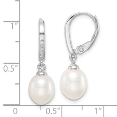 Sterling Silver Rhodium-plated Polished White 7-8mm Freshwater Cultured Pearl & CZ Leverback Dangle Earrings