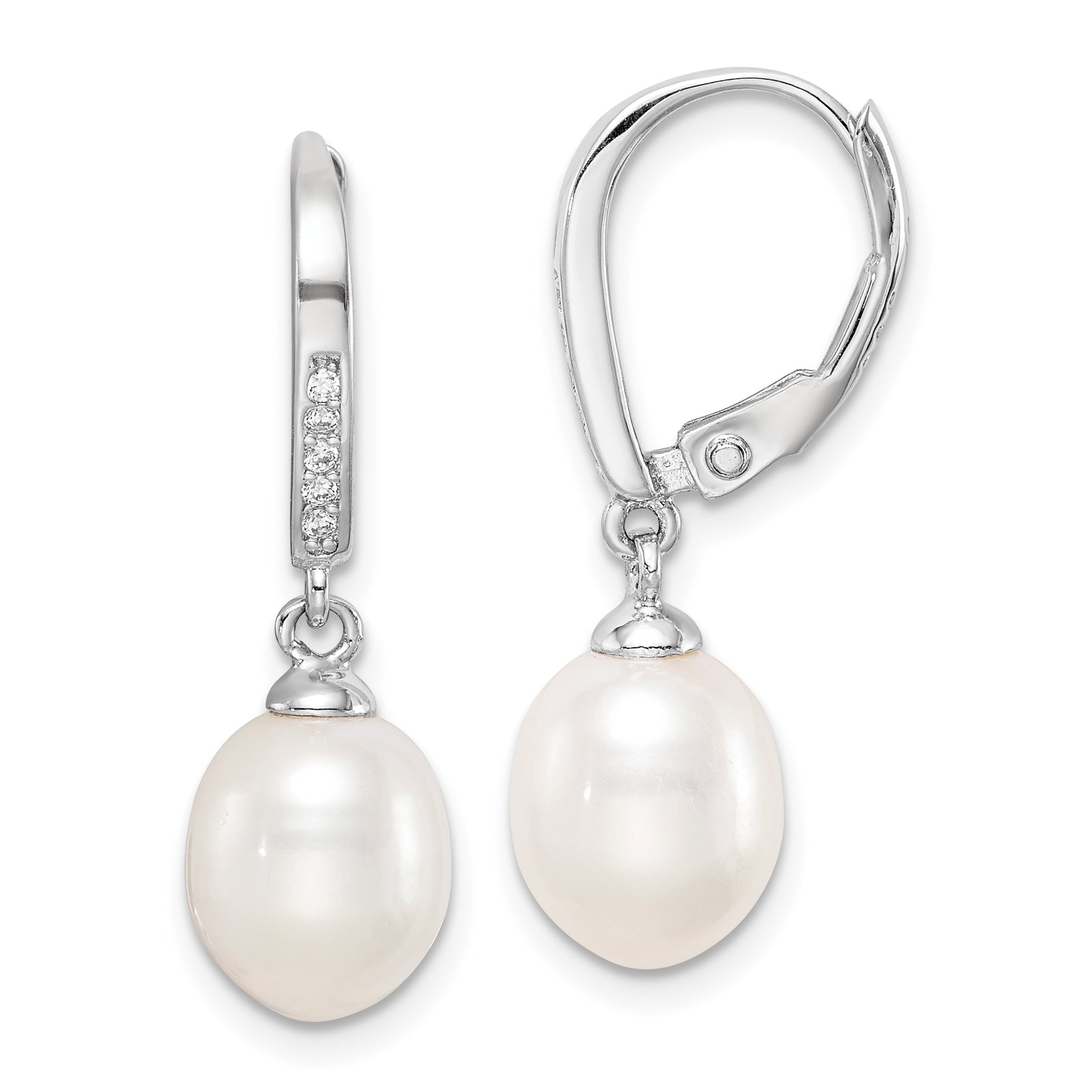 Sterling Silver Rhodium-plated Polished White 7-8mm Freshwater Cultured Pearl & CZ Leverback Dangle Earrings