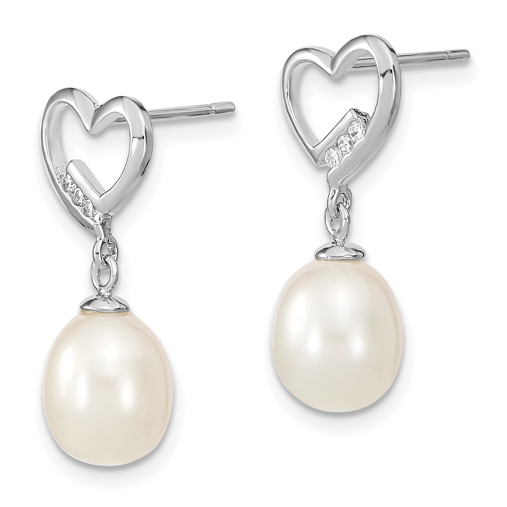 Sterling Silver Rhodium-plated 7-8mm Rice FWC Pearl CZ Heart Earrings