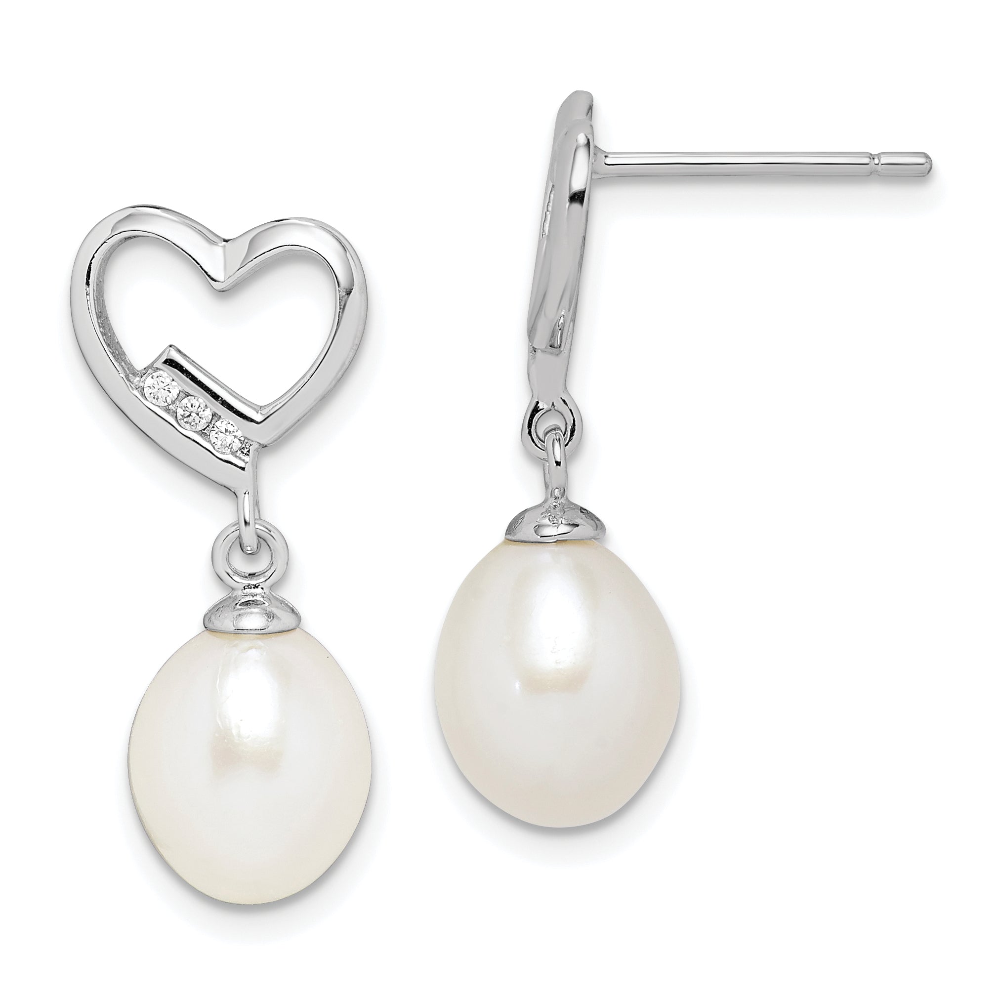 Sterling Silver Rhodium-plated 7-8mm Rice FWC Pearl CZ Heart Earrings