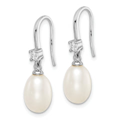 Sterling Silver Rhodium-plated Polished White 7-8mm Freshwater Cultured Pearl & CZ Dangle Earrings