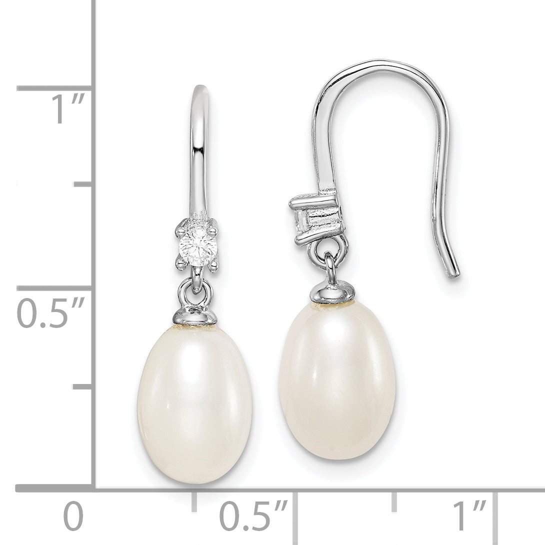 Sterling Silver Rhodium-plated Polished White 7-8mm Freshwater Cultured Pearl & CZ Dangle Earrings