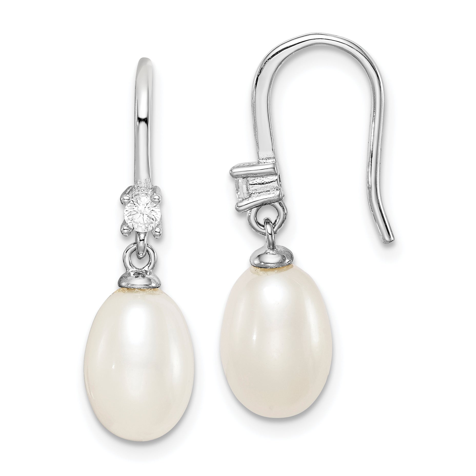 Sterling Silver Rhodium-plated Polished White 7-8mm Freshwater Cultured Pearl & CZ Dangle Earrings