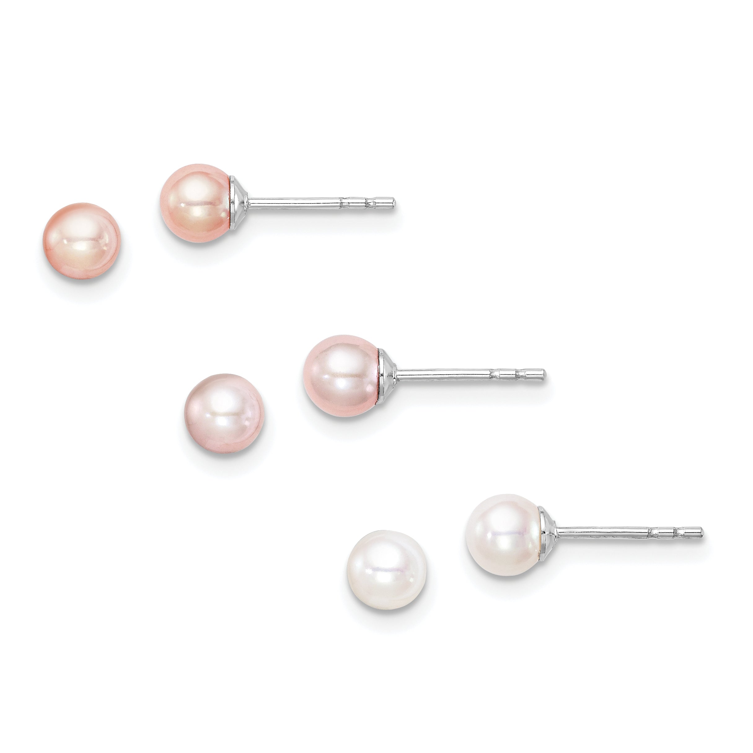 Sterling Silver Madi K Rhodium-plated Polished 4-5mm White, Pink and Purple Round Freshwater Cultured Pearl Pearl Stud Earrings Set