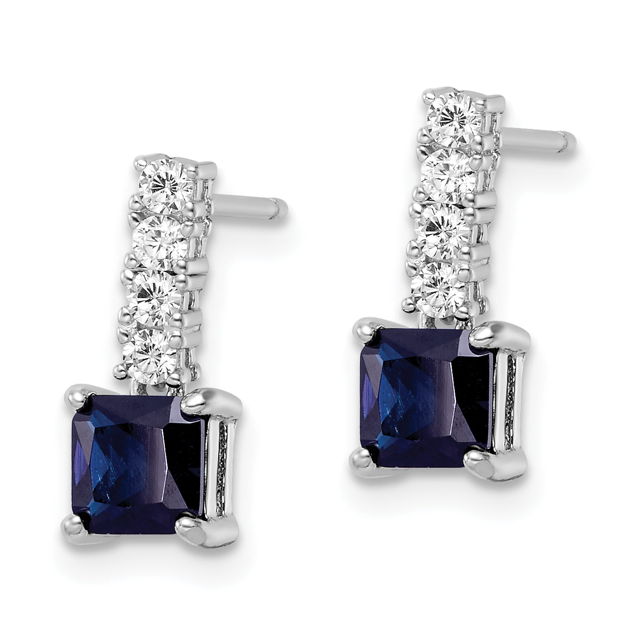 Sterling Silver Polished Rhodium Cr. Blue Spinel and CZ Post Dangle Earring