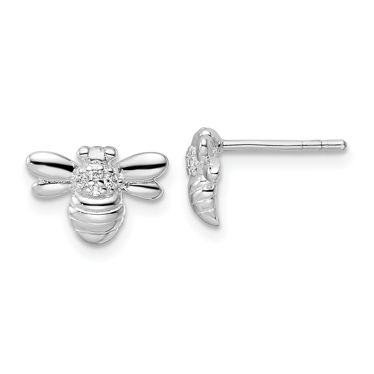 Sterling Silver Rhodium-plated Polished CZ Bumble Bee Post Earrings