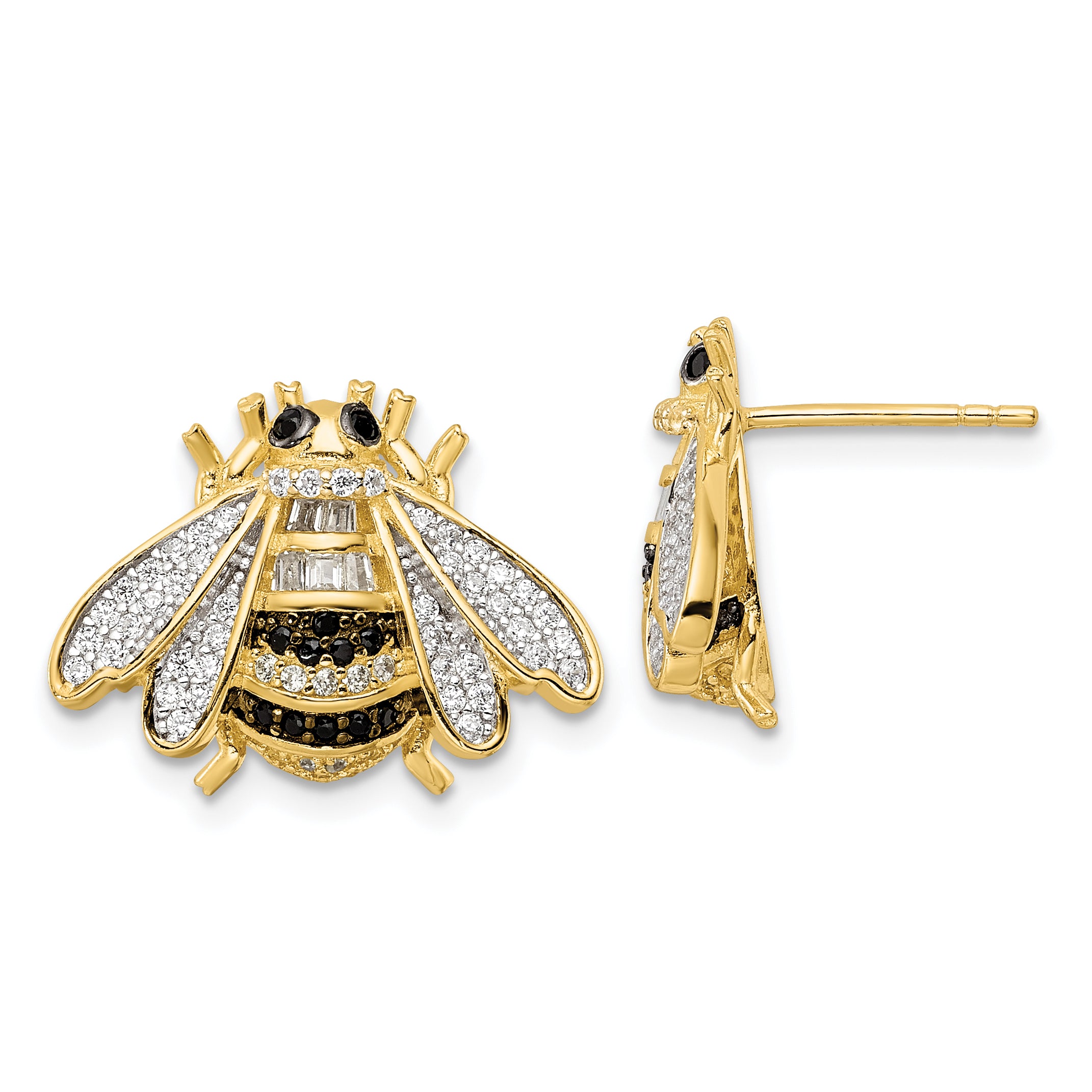 Sterling Silver Blk/White RH-plated Gold Tone CZ Bumblebee Post Earrings