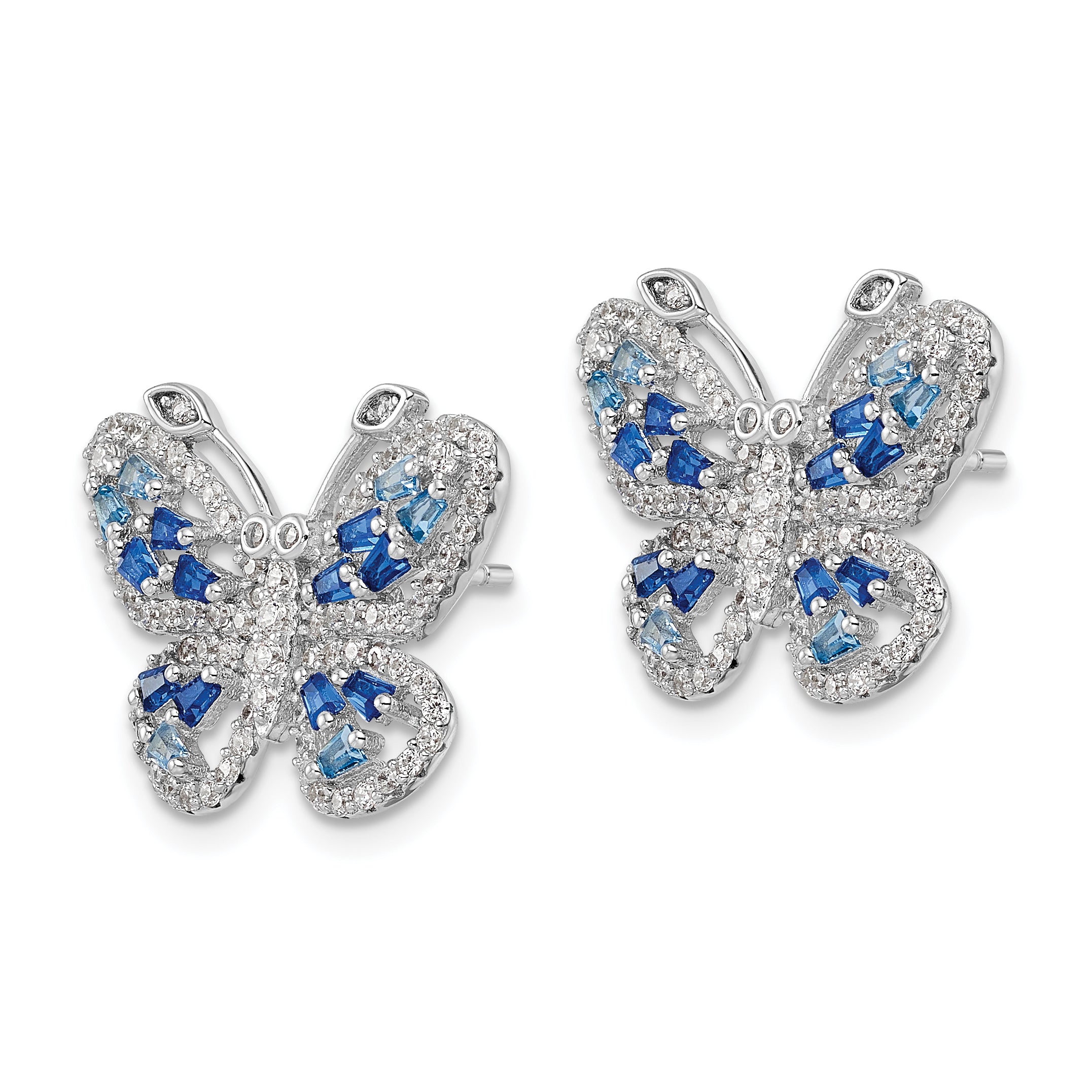 Sterling Silver Rhodium-plated Polished Light and Dark Blue CZ with Clear CZ Butterfly Post Earrings