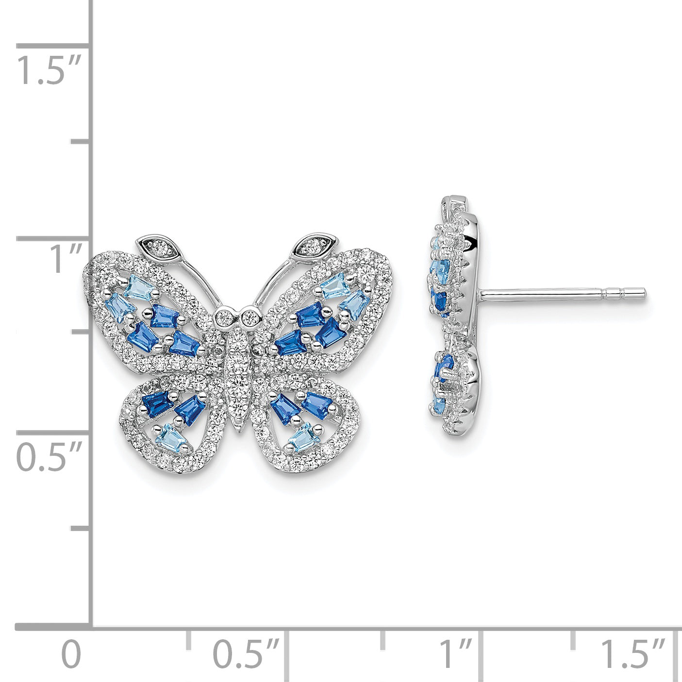 Sterling Silver Rhodium-plated Polished Light and Dark Blue CZ with Clear CZ Butterfly Post Earrings