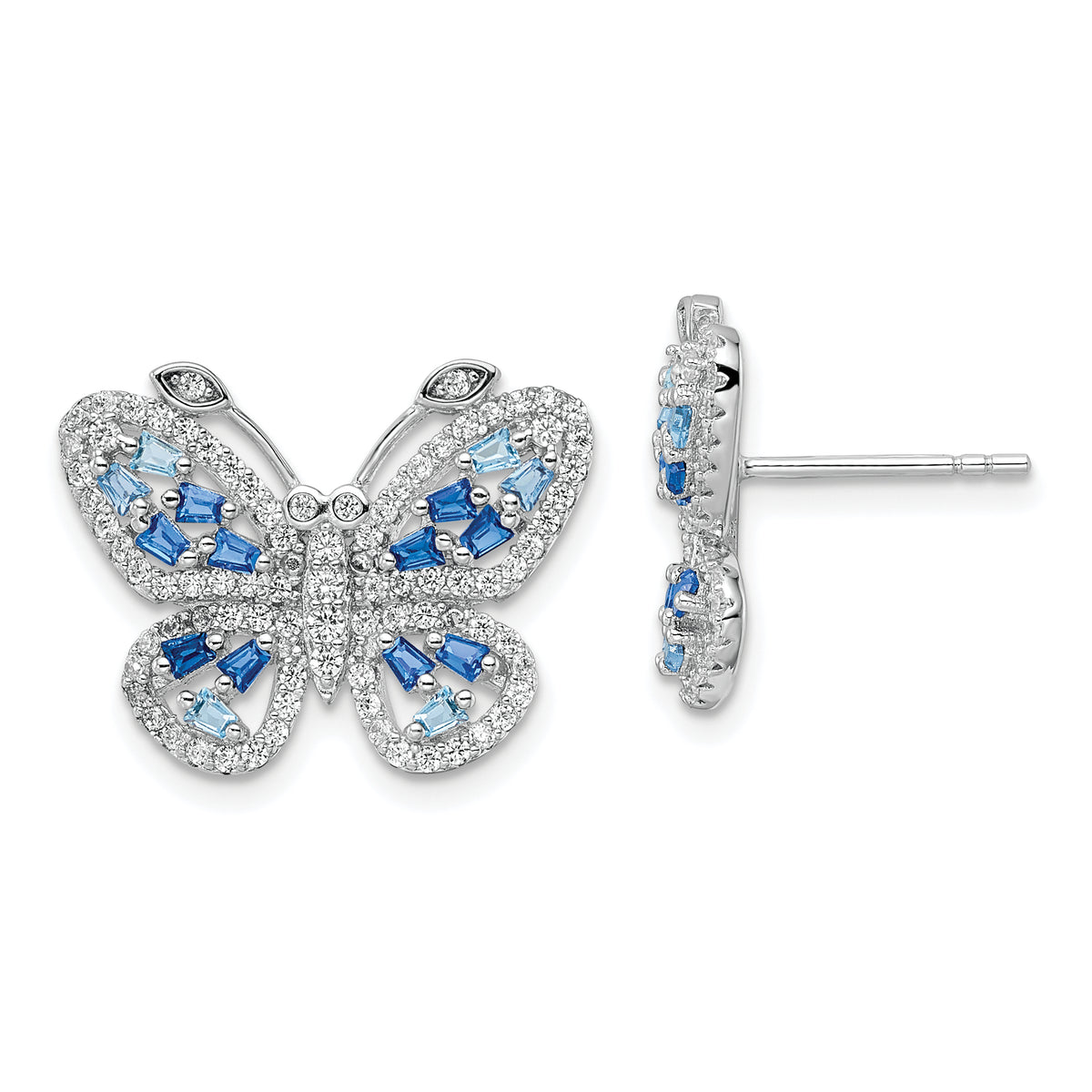 Sterling Silver Rhodium-plated Polished Light and Dark Blue CZ with Clear CZ Butterfly Post Earrings