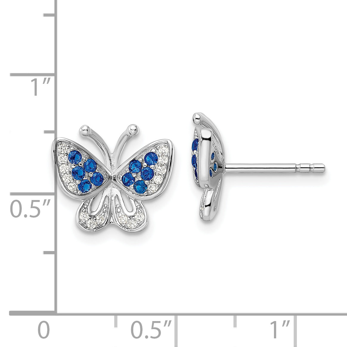 Sterling Silver Rhodium-plated Blue & White CZ Butterfly Post Earrings