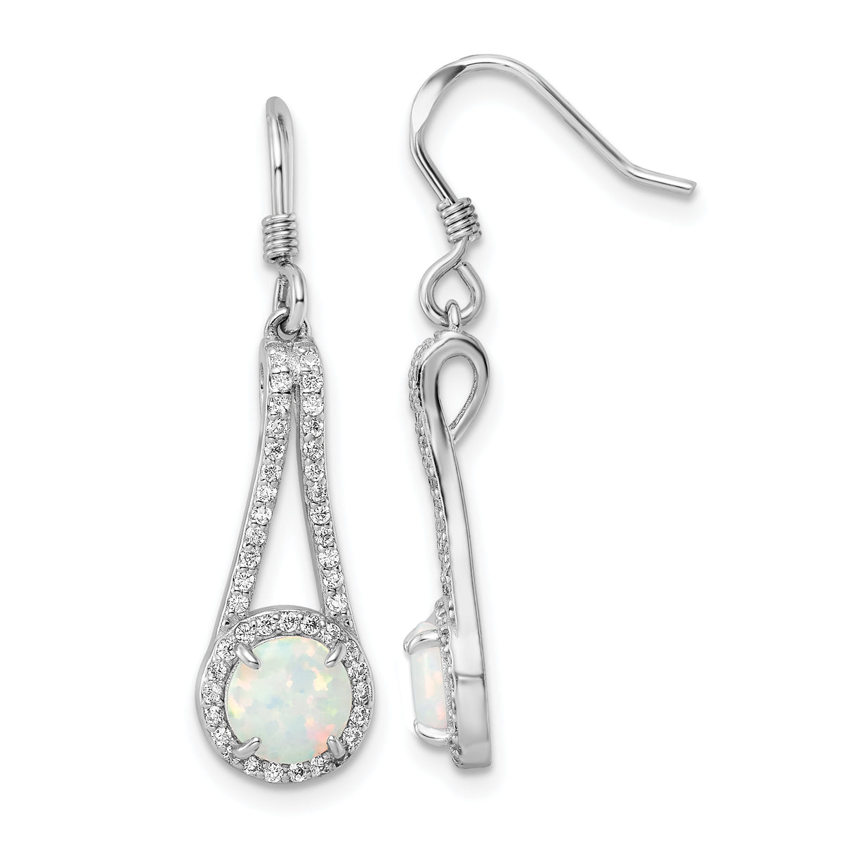 Sterling Silver Rhodium-plated CZ & White Created Opal Dangle Earrings