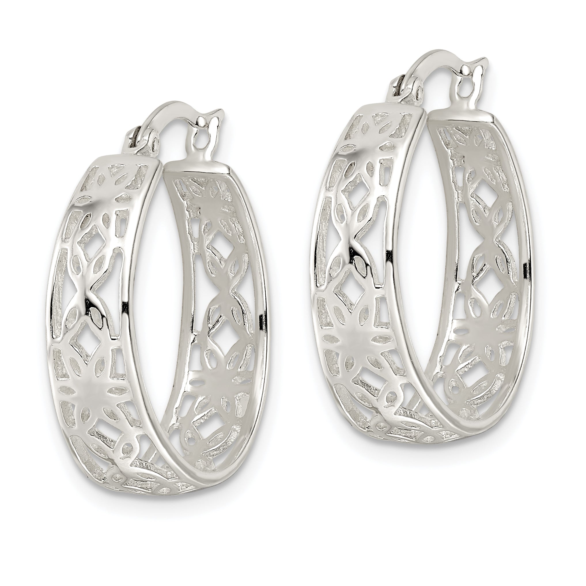 Sterling Silver Polished Cut-out Floral Round Hoop Earrings