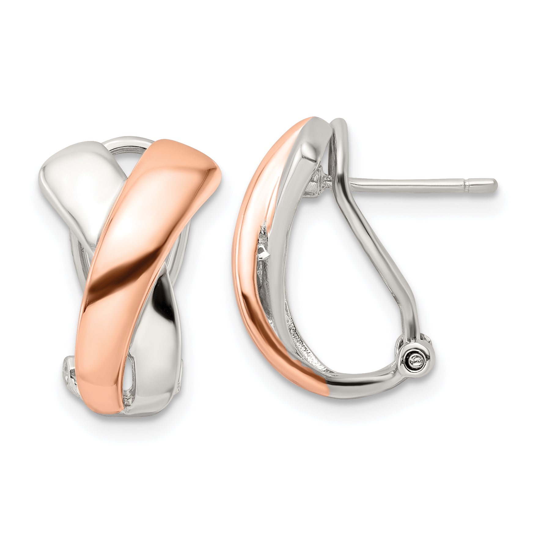 Sterling Silver & Rose-tone Polished X Omega Back J-Hoop Earrings