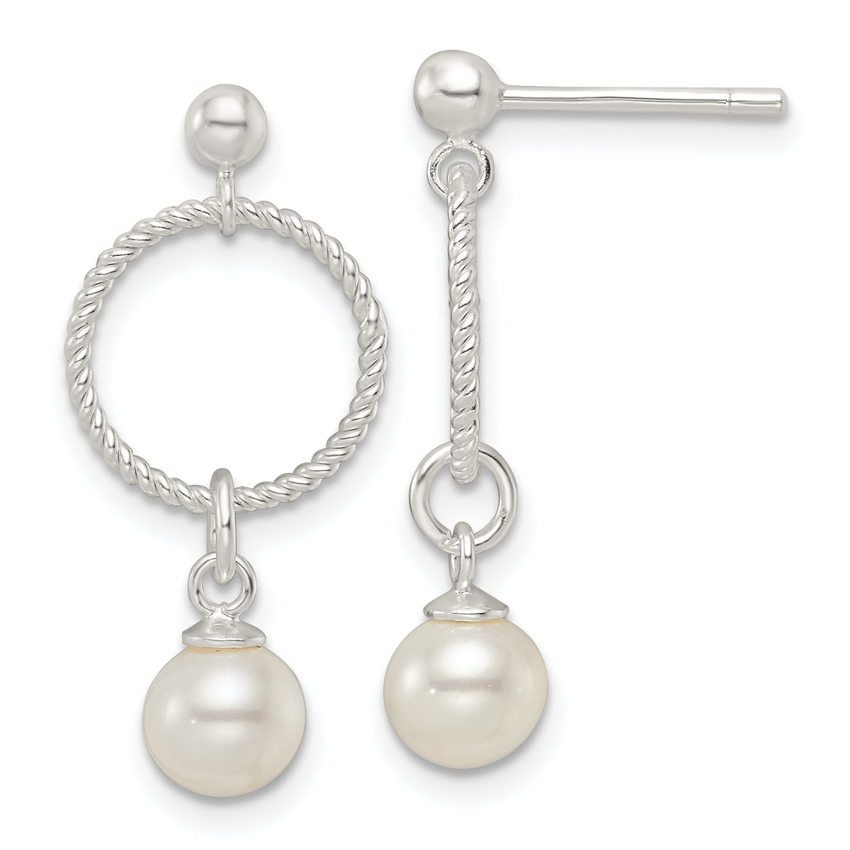 Sterling Silver Polished Glass Pearl Dangle Post Earrings