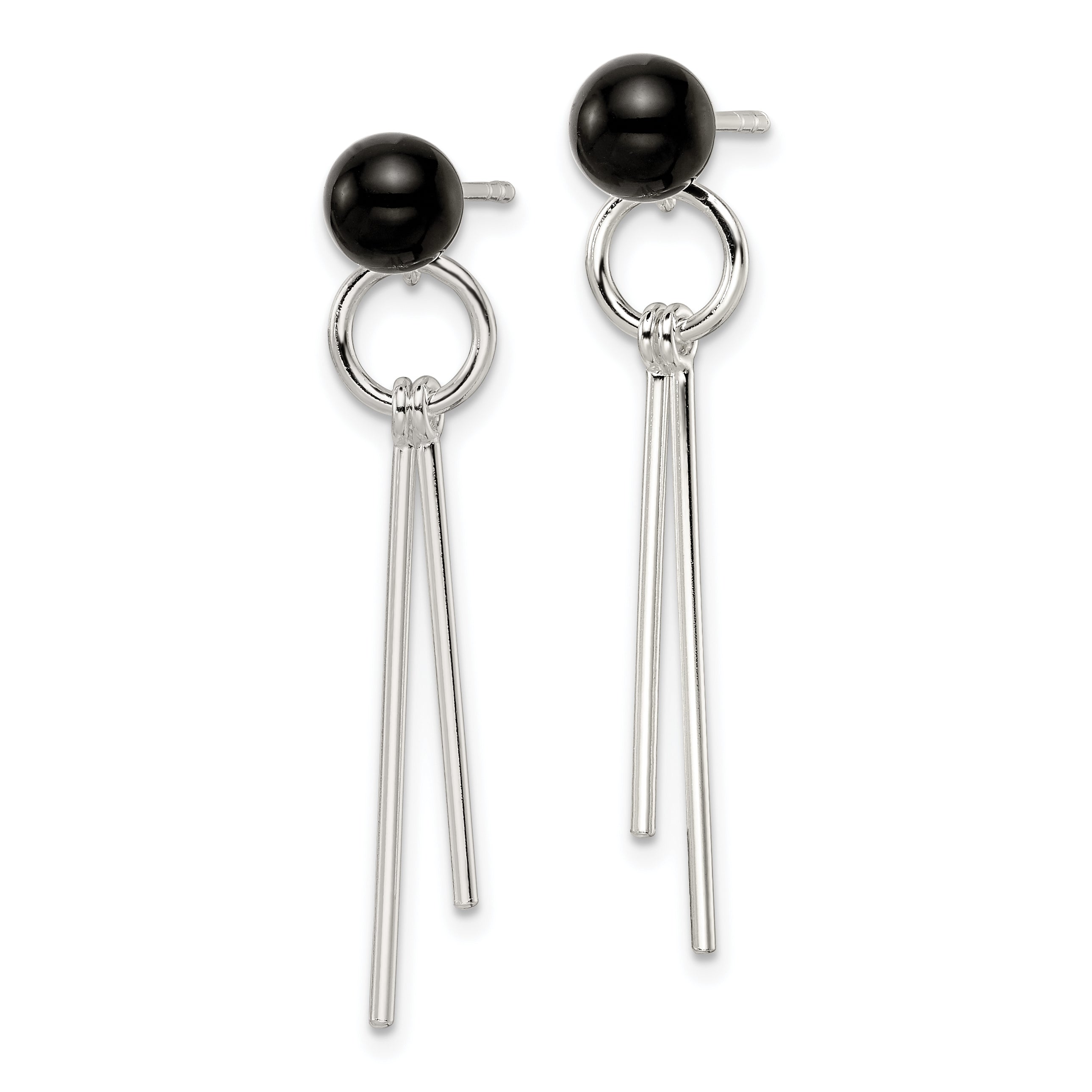 Sterling Silver Polished Fancy Onyx Bead & Bars Post Dangle Earrings