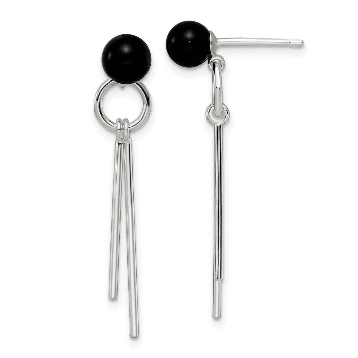 Sterling Silver Polished Fancy Onyx Bead & Bars Post Dangle Earrings