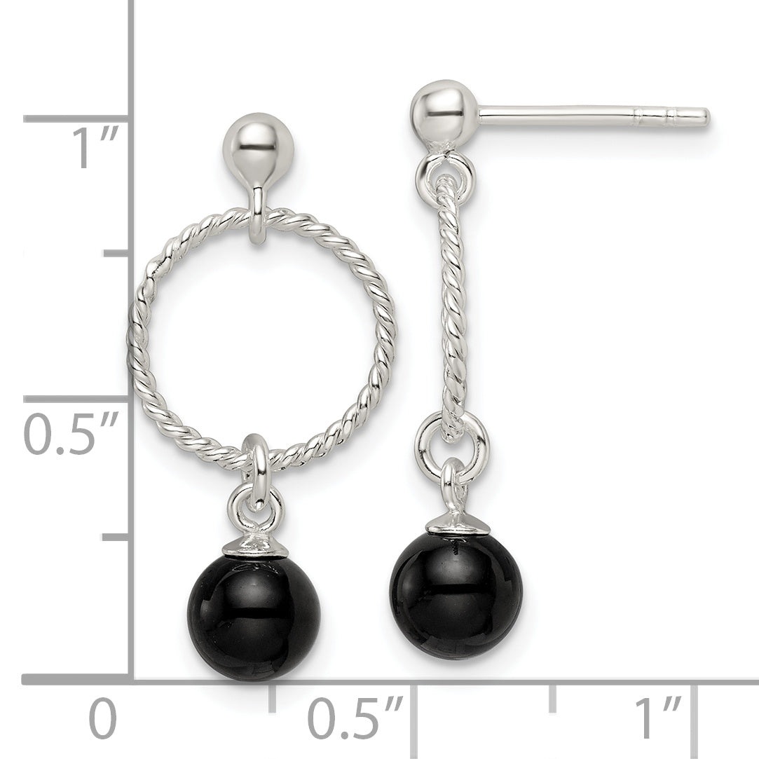 Sterling Silver Polished Onyx in Circle Dangle Post Earrings