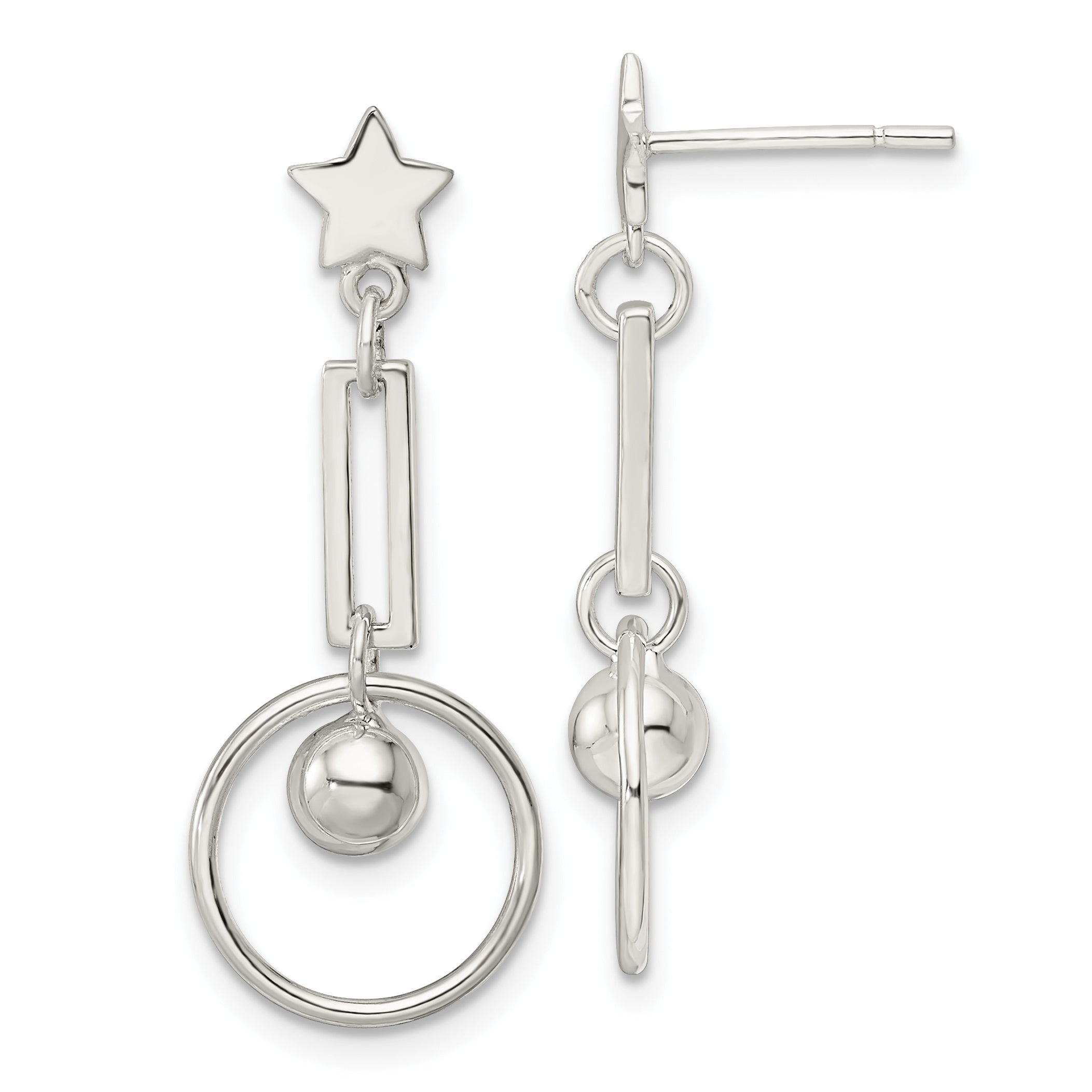 Sterling Silver Polished Star and Circle Post Dangle Earrings