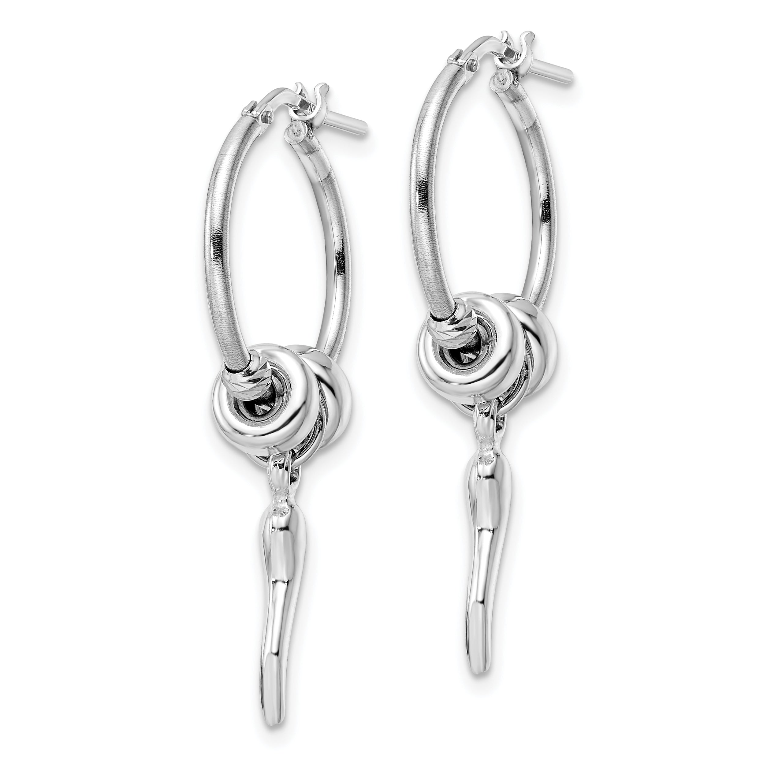 Sterling Silver Rhodium-plated D/C Bead Italian Horn Dangle Hoop Earrings