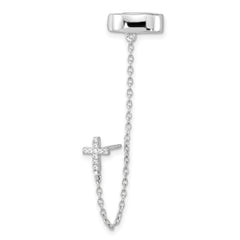 Sterling Silver RH-plated CZ Cross w/ 2in Chain Single Post & Cuff Earrin