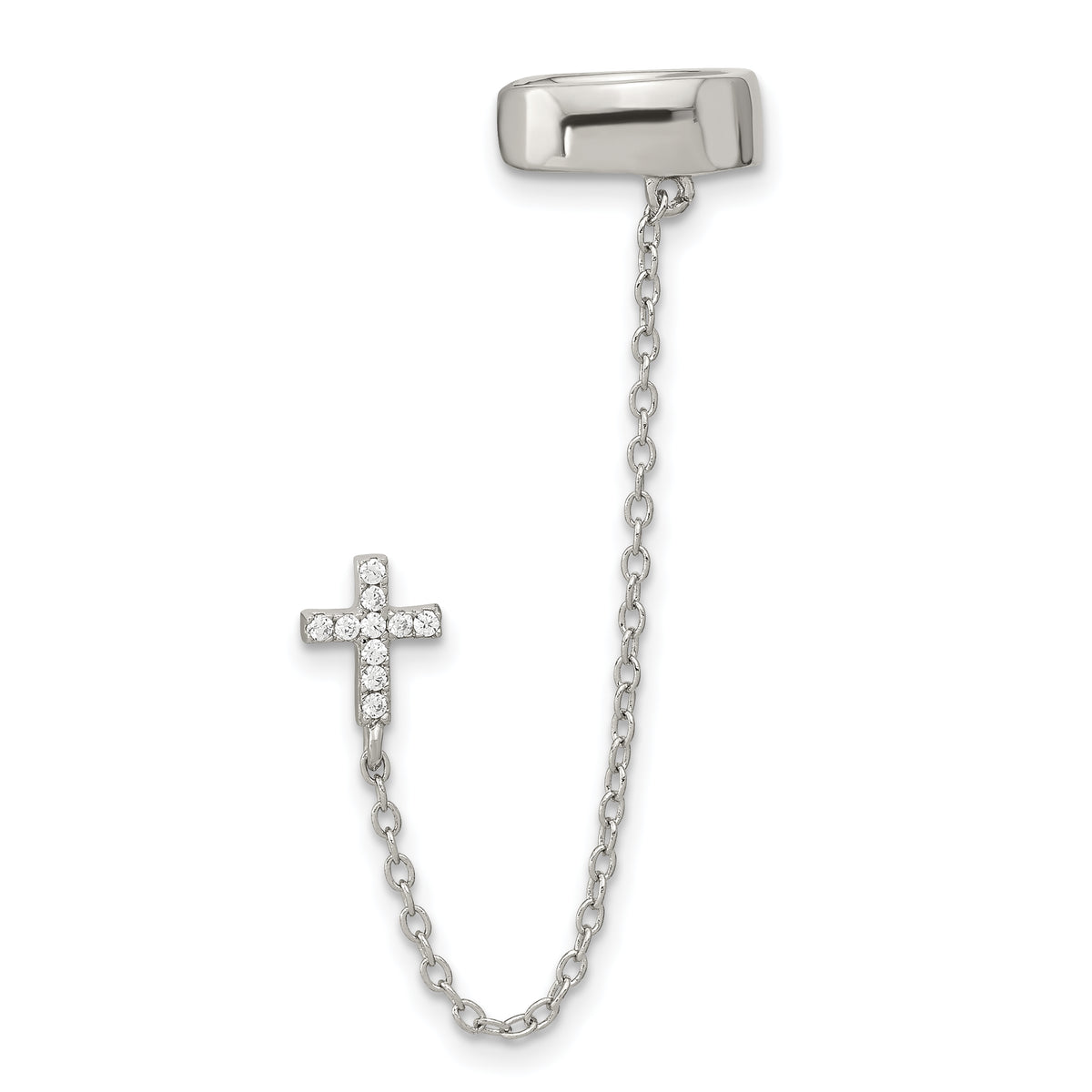 Sterling Silver RH-plated CZ Cross w/ 2in Chain Single Post & Cuff Earrin