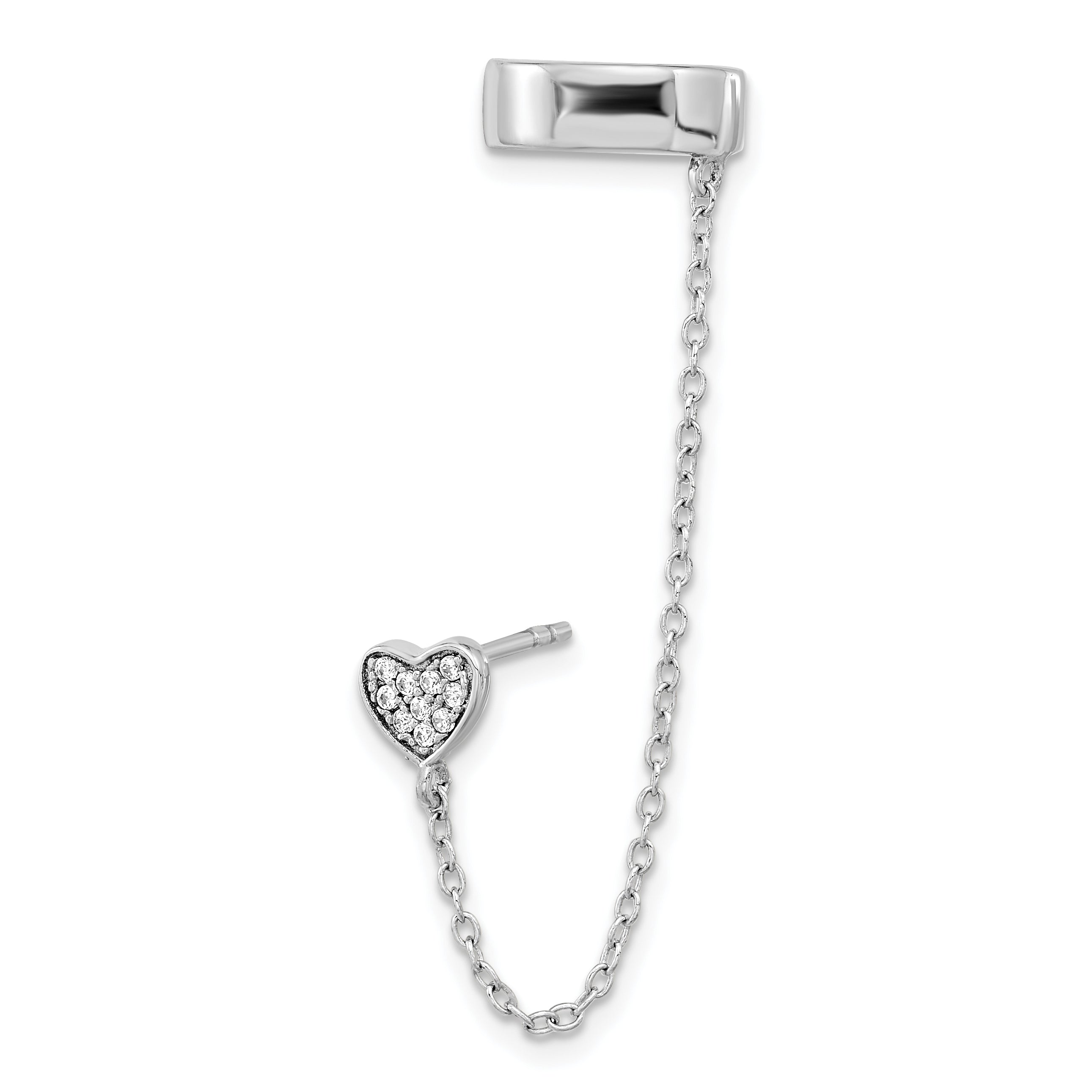 Sterling Silver RH-plated CZ Heart w/ 2in Chain Single Post & Cuff Earrin