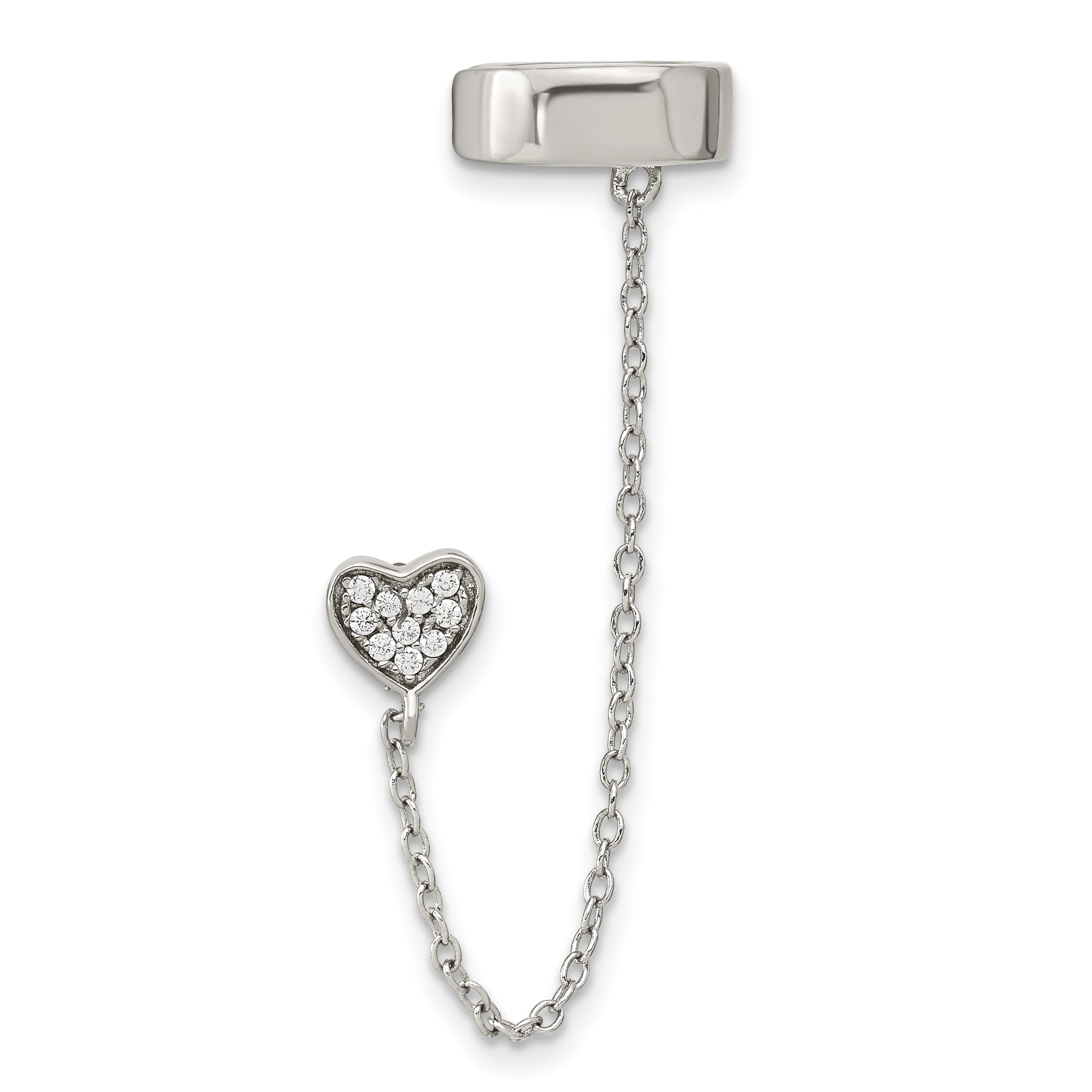 Sterling Silver RH-plated CZ Heart w/ 2in Chain Single Post & Cuff Earrin