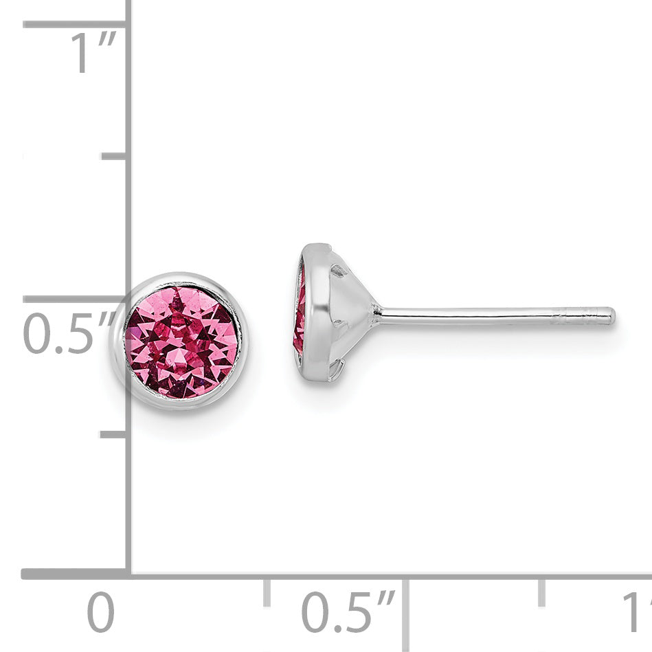 Sterling Silver Rhod-plated Polished 5mm Pink Crystal Bezel Stud Earrings